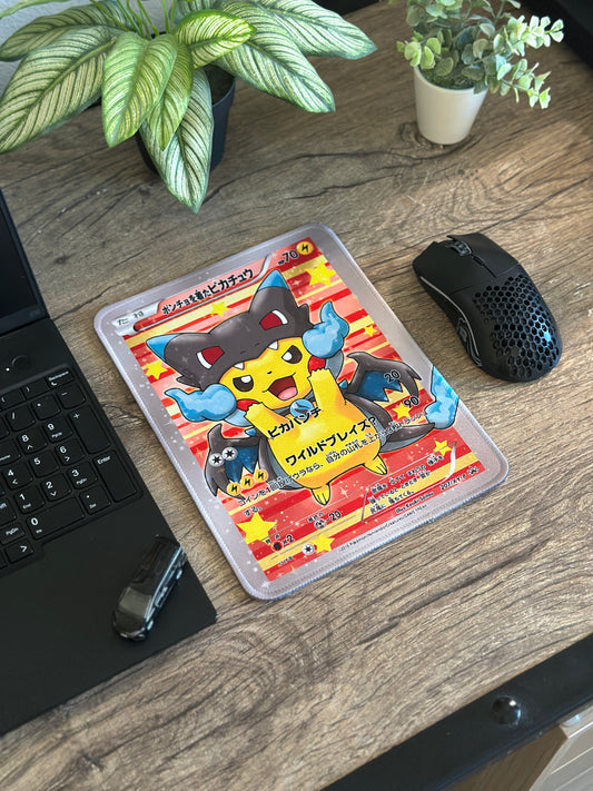 Pikachu Poncho Mega Charizard Pokemon TCG Full Art Mousepad 10 x 7.5in - Gamer Desk Decor